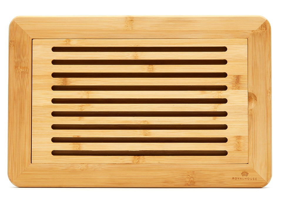 RoyalHouse bamboo bread cutting board with crumb tray close-up, durable and knife-friendly.