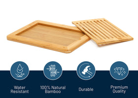 RoyalHouse bamboo cutting board shown as serving platter with cheese and olives.