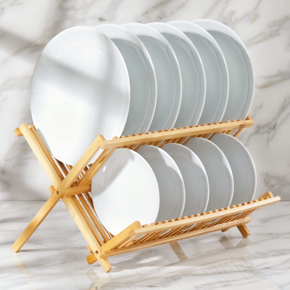 RoyalHouse bamboo dish rack on-counter drying with ample airflow.