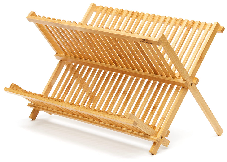RoyalHouse bamboo dish rack foldable design preserves counter space and ease of use.