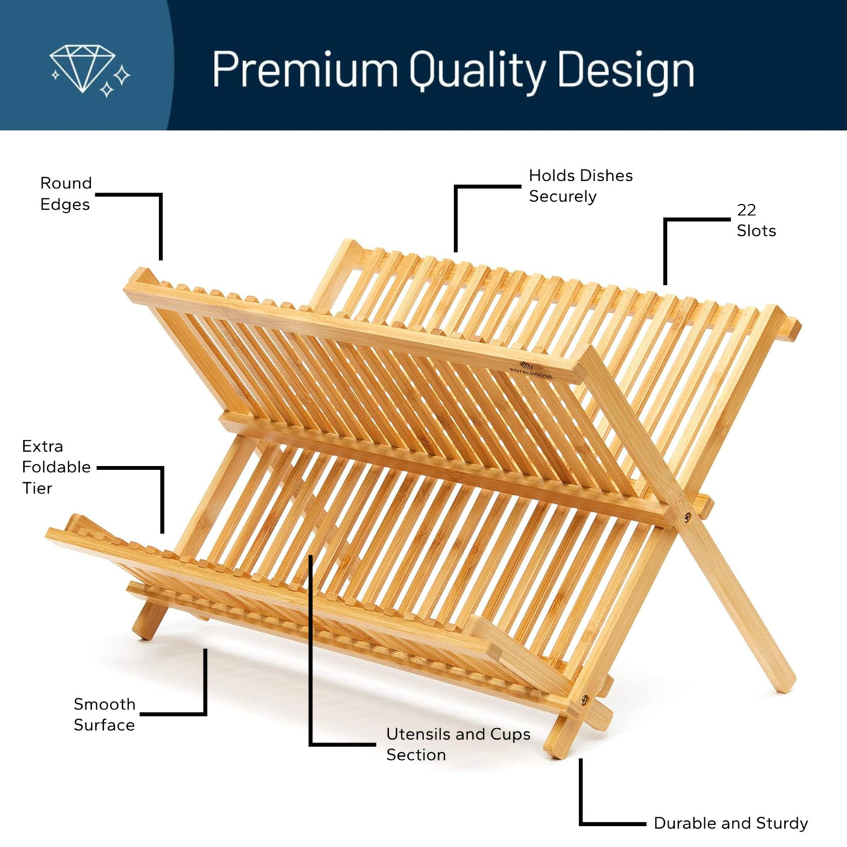 RoyalHouse bamboo dish rack fits full dinner sets neatly.