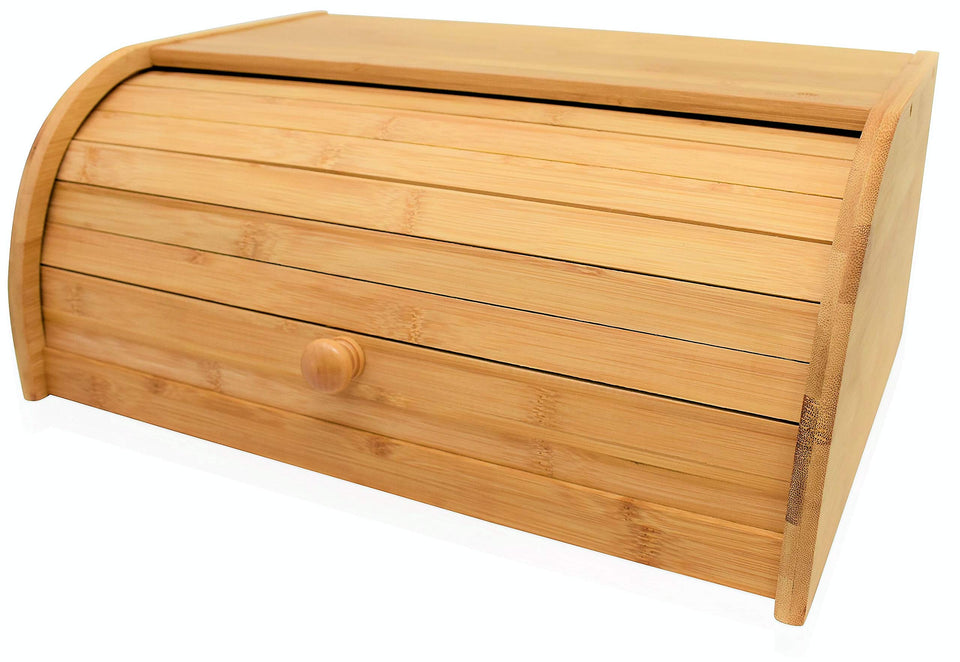 RoyalHouse bamboo roll-top bread box front view keeps bread organized and accessible.