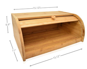 RoyalHouse bamboo roll-top bread box with lid open for easy loaf access.