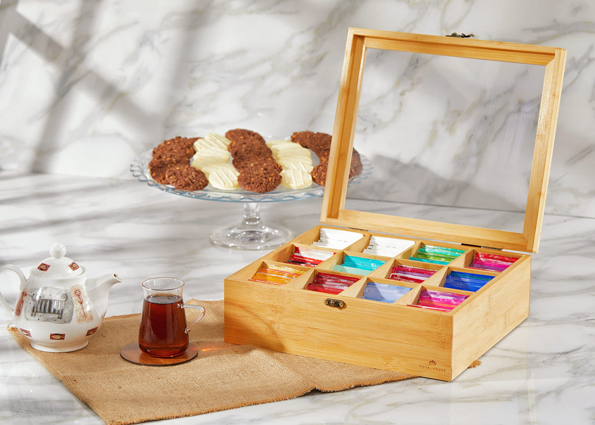 RoyalHouse bamboo tea storage clear acrylic top highlights contents clearly.