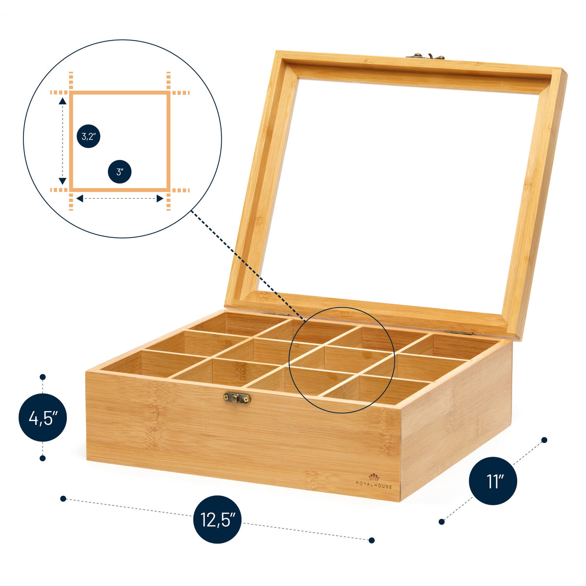 RoyalHouse bamboo tea storage durable finish demonstrates sturdy and long-lasting home organization.