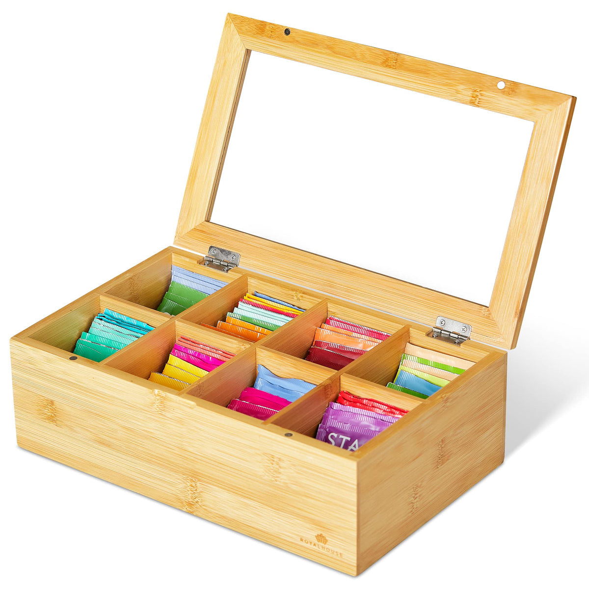 RoyalHouse bamboo tea storage with clear top window showing contents