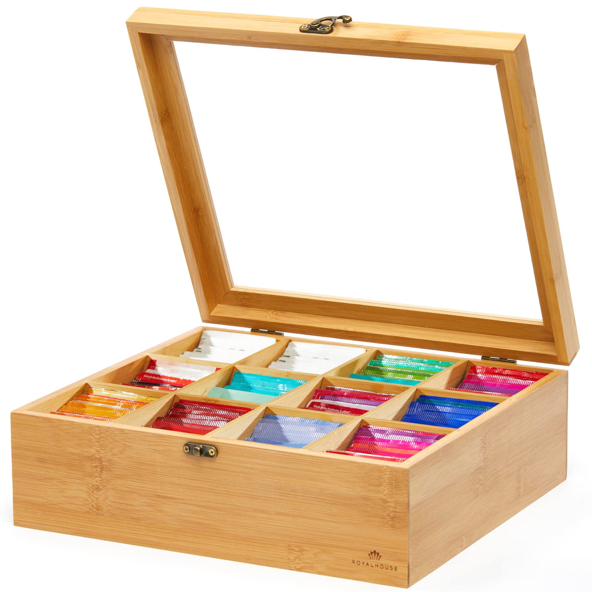 RoyalHouse bamboo tea storage top window reveals contents at a glance for quick tea selection.