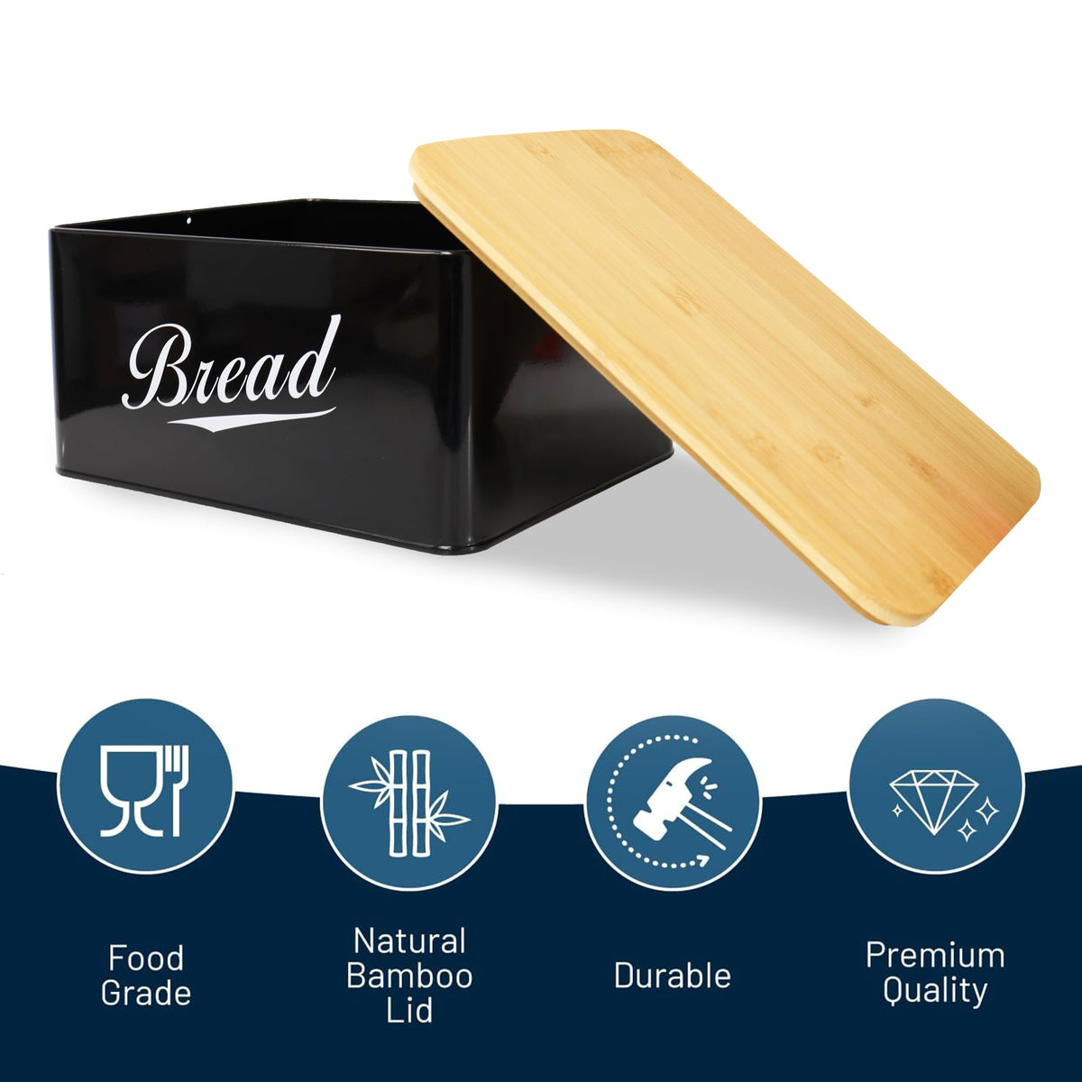 RoyalHouse black metal bread box on counter complements vintage kitchen style