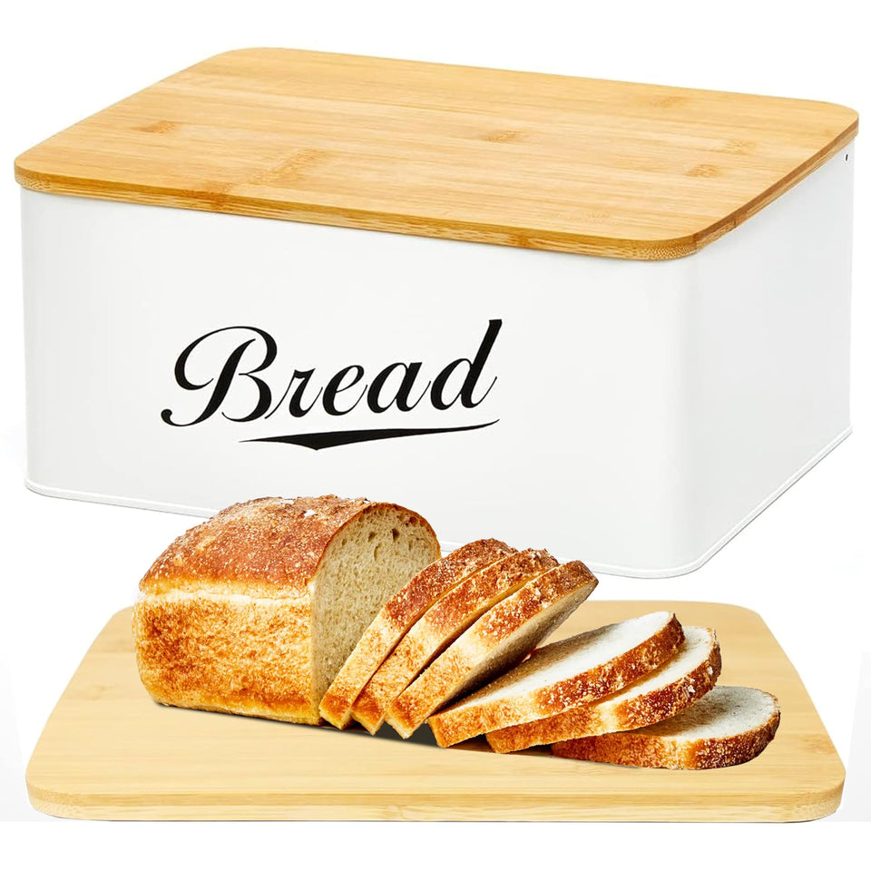 RoyalHouse metal bread box with lid on counter keeps bread accessible and fresh.