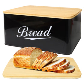 RoyalHouse modern metal bread box with bamboo lid keeps counter clutter under control