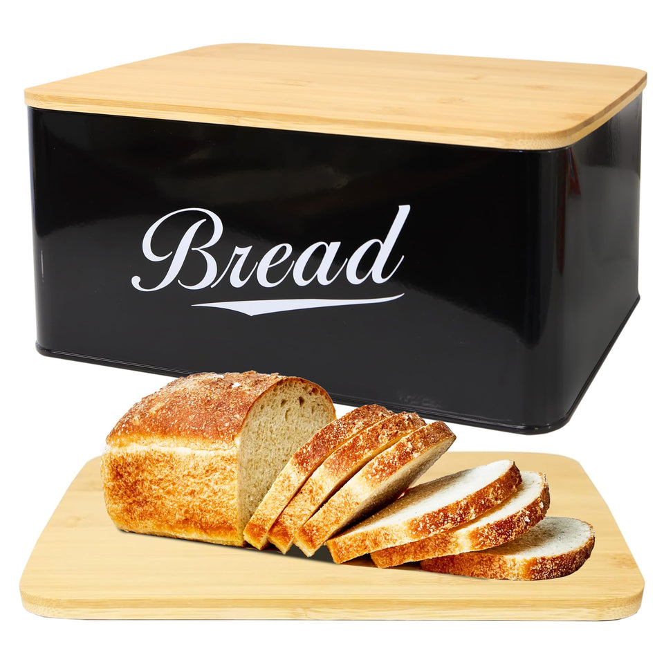 RoyalHouse modern metal bread box with bamboo lid keeps counter clutter under control