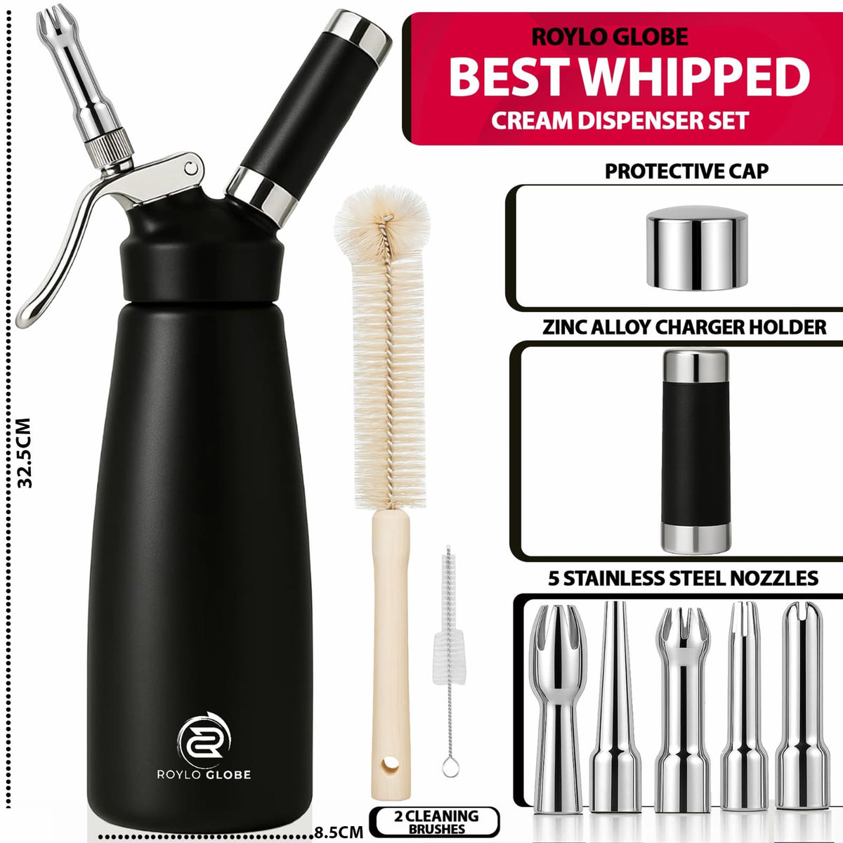 ROYLO GLOBE brushes clean nozzle and dispenser for hygiene.