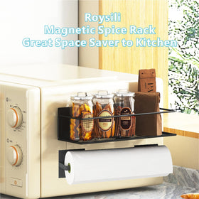 Roysili 4-piece magnetic shelf set in use on a refrigerator door.