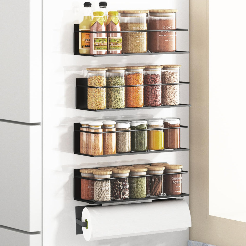 Roysili magnetic spice rack on fridge door with extra-large shelf for quick spice access.