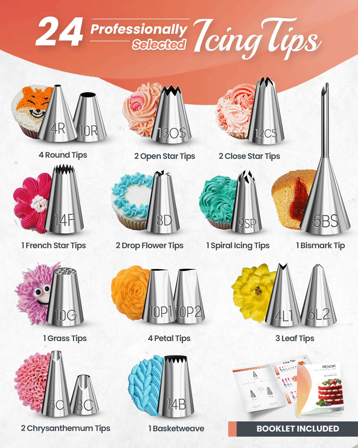 RFAQK 24 numbered icing tips enabling precise piping designs.
