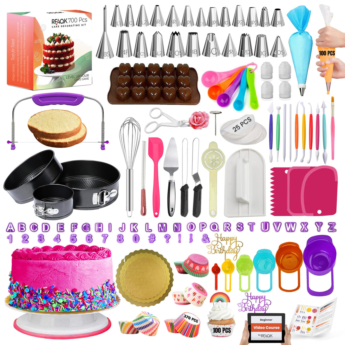 RFAQK 700-piece cake decorating kit laid out with tools for creative desserts.