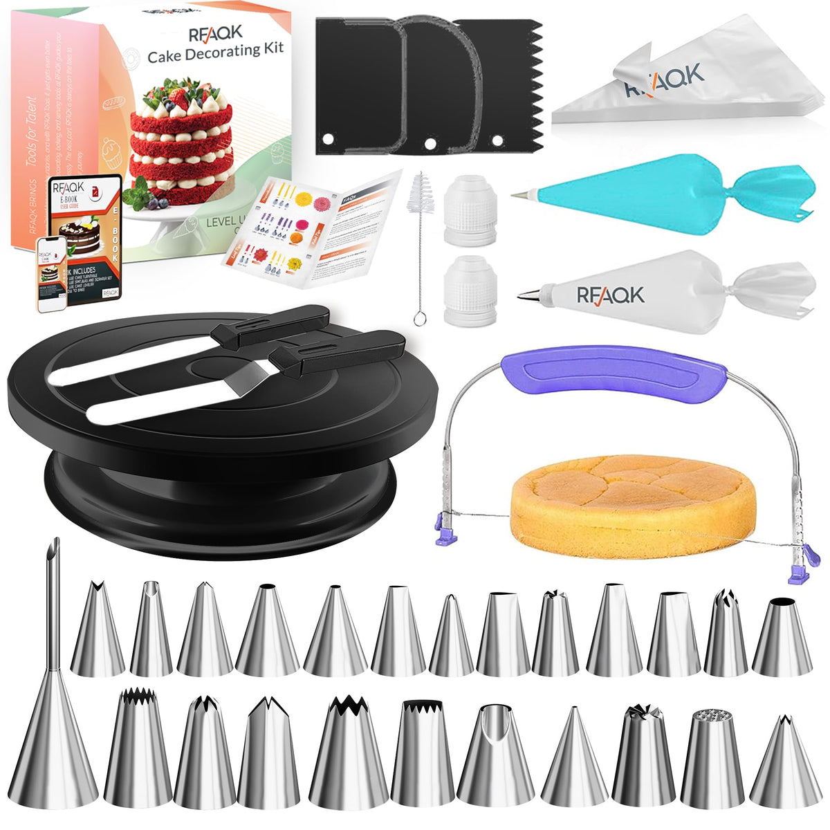 RFAQK 90-piece cake decorating kit on a turntable for smooth icing precision