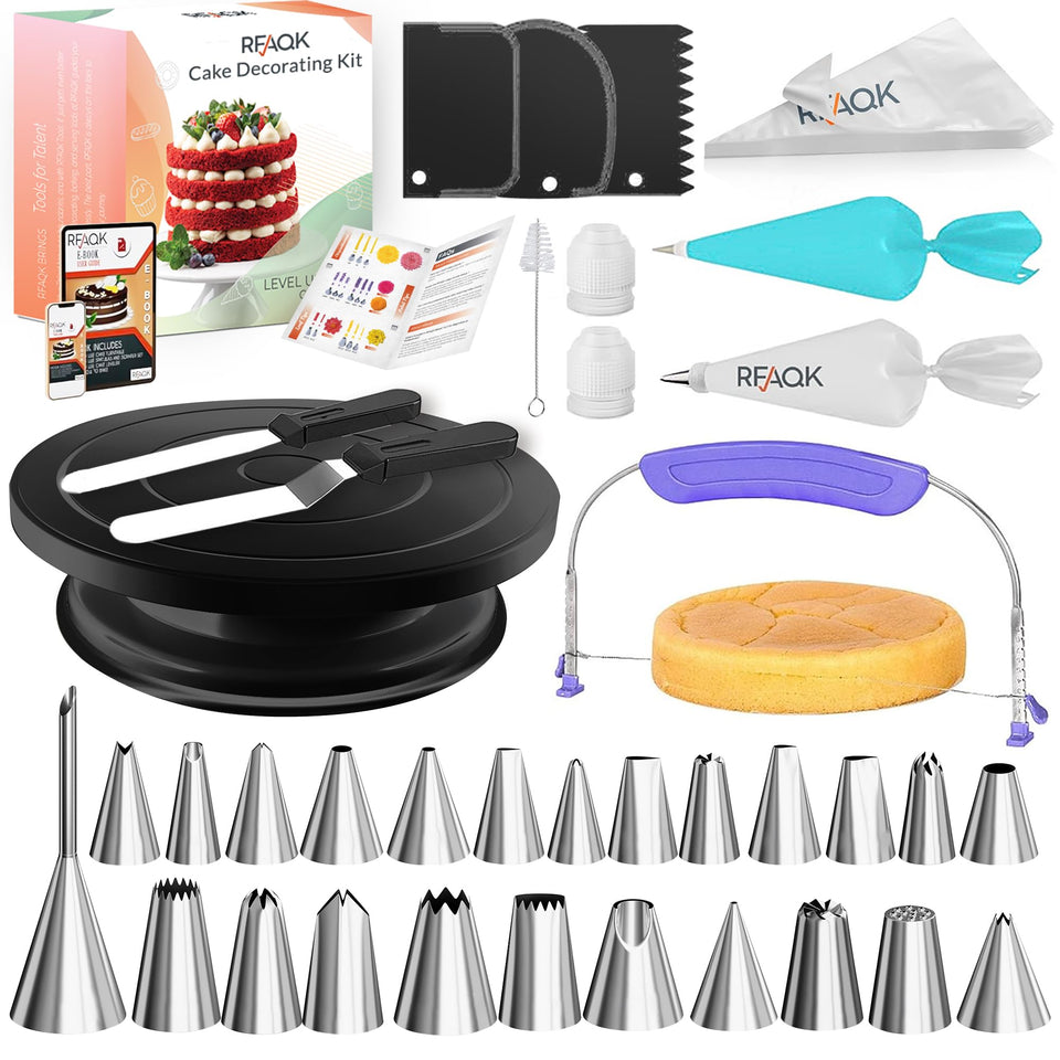 RFAQK 90-piece cake decorating kit on a turntable for smooth icing precision
