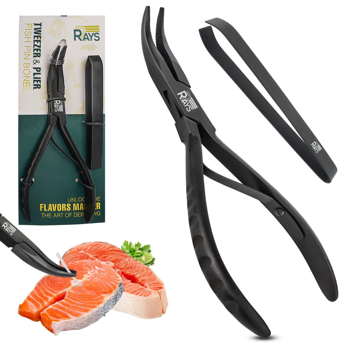 RRAYS Fish Bone Pliers with serrated jaws for quick bone removal in salmon.