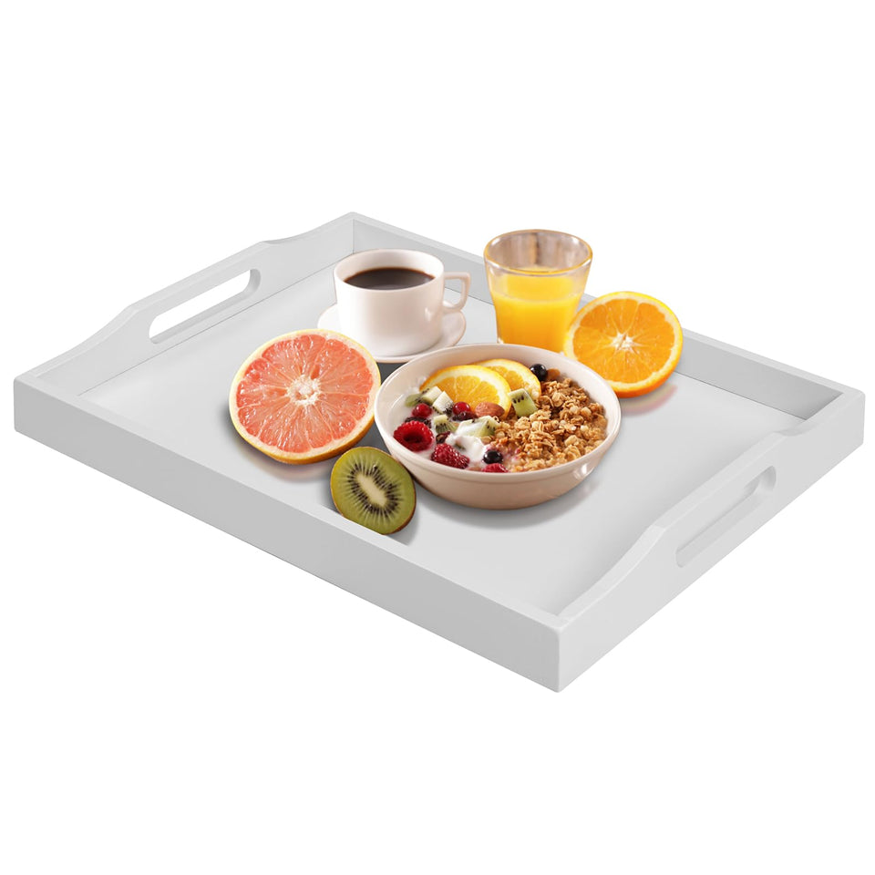 RRX bamboo serving tray with handles for easy transport of snacks.