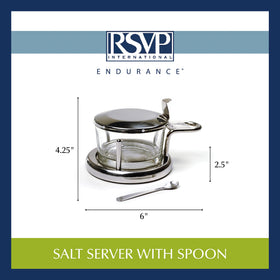 Flip-top lid with gasket on RSVP Endurance salt server preserves dryness