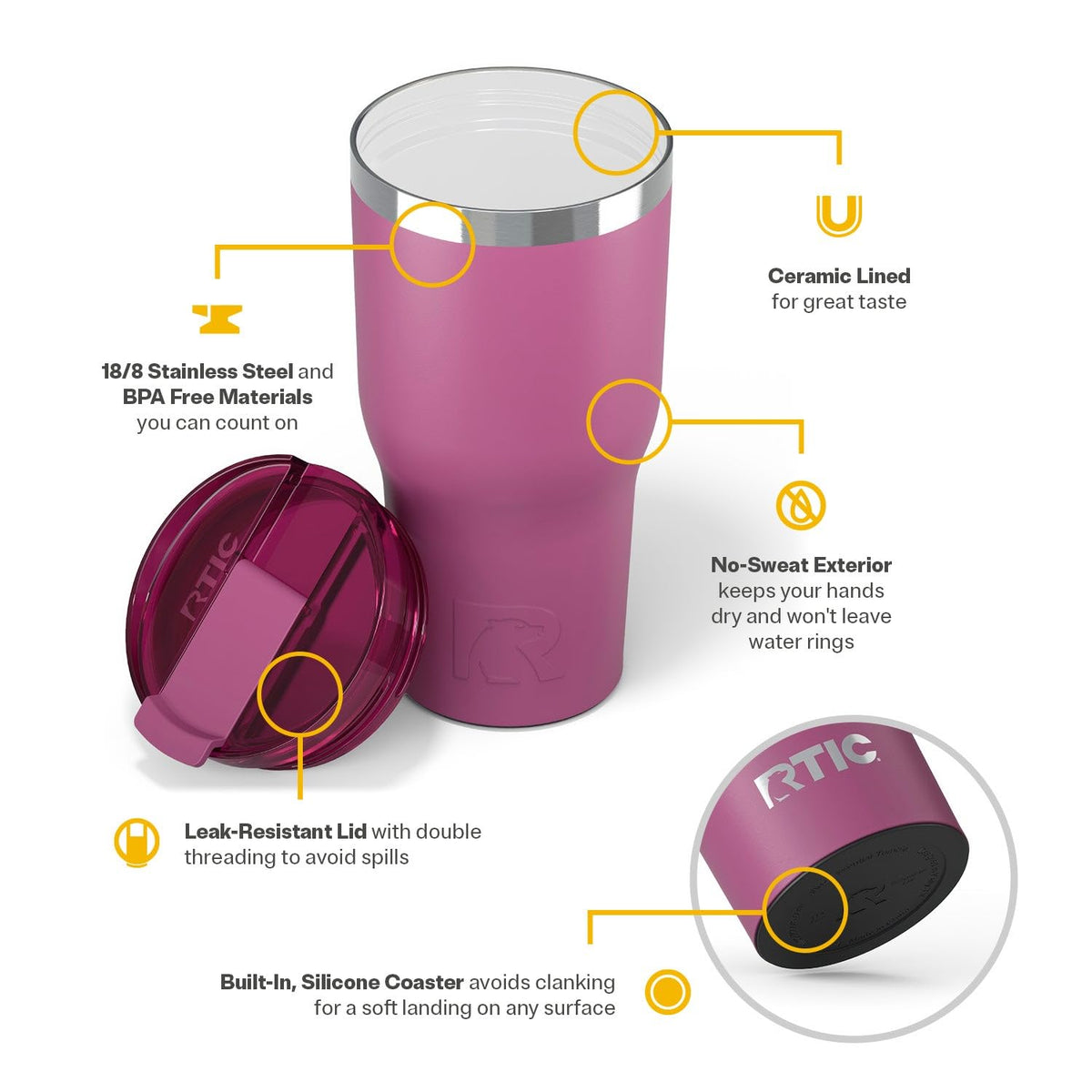 RTIC 18/8 stainless steel construction for durability and everyday use.