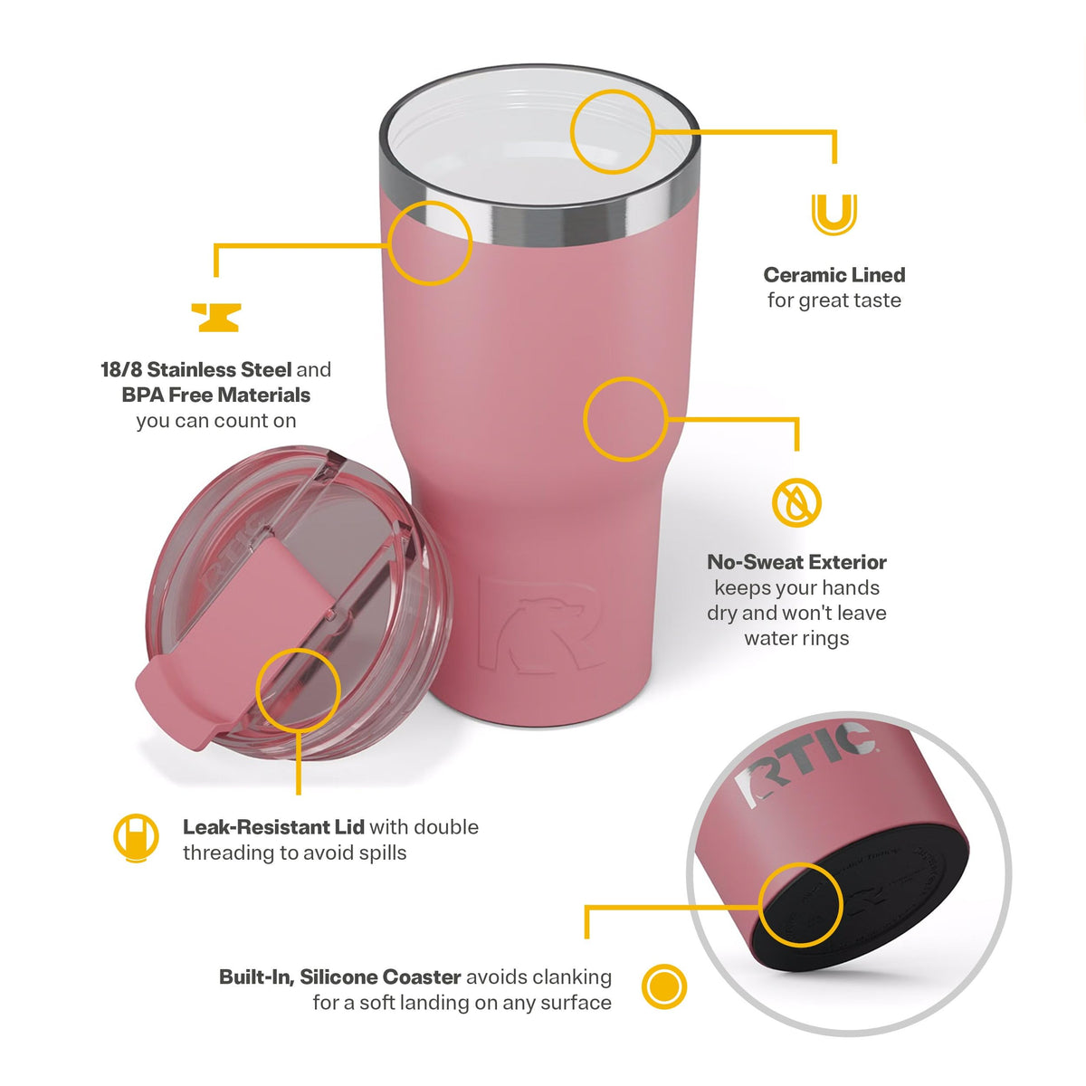 RTIC leak-resistant lid prevents spills during travel.