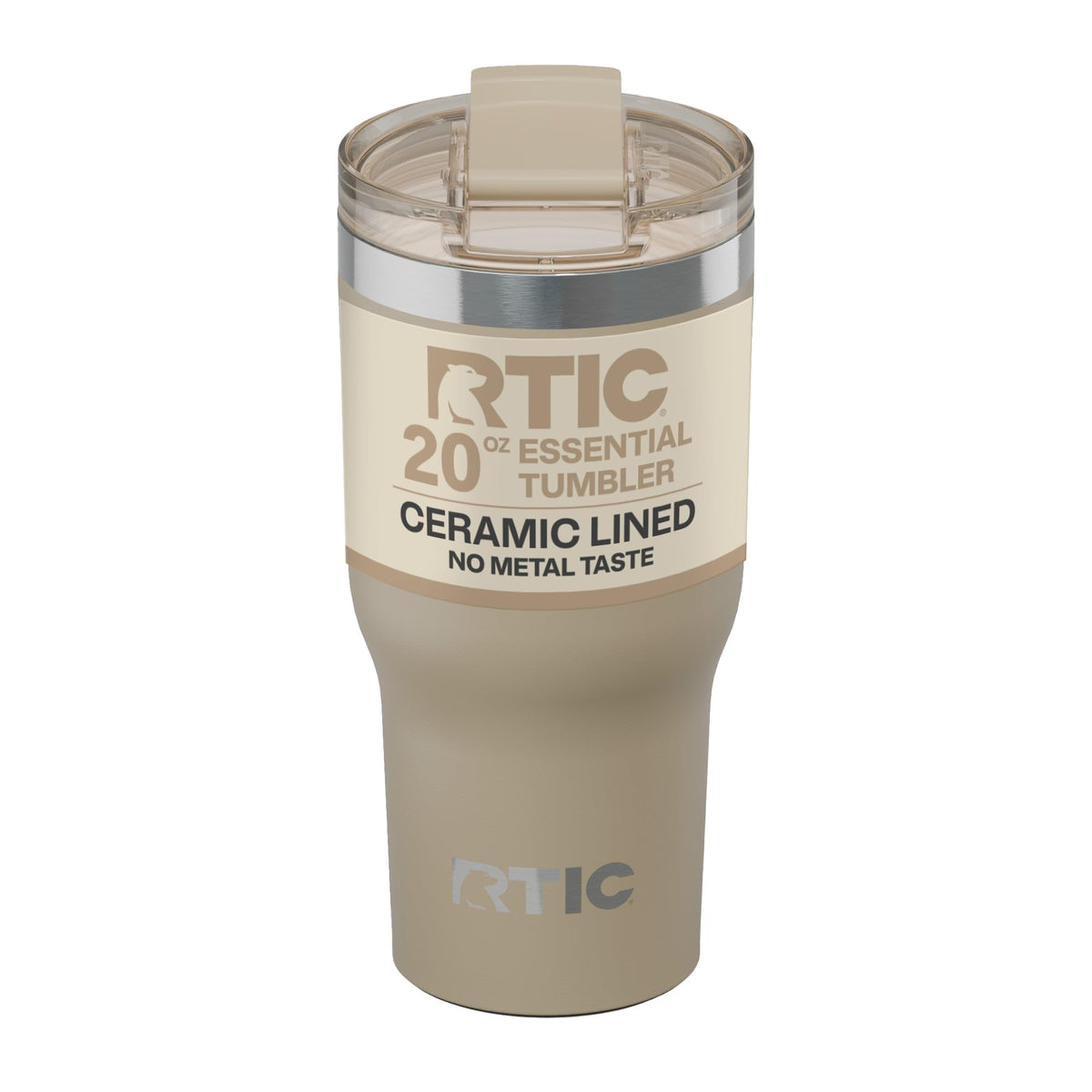 RTIC 20oz Essential Tumbler lid shown with a secure, spill-resistant travel seal.