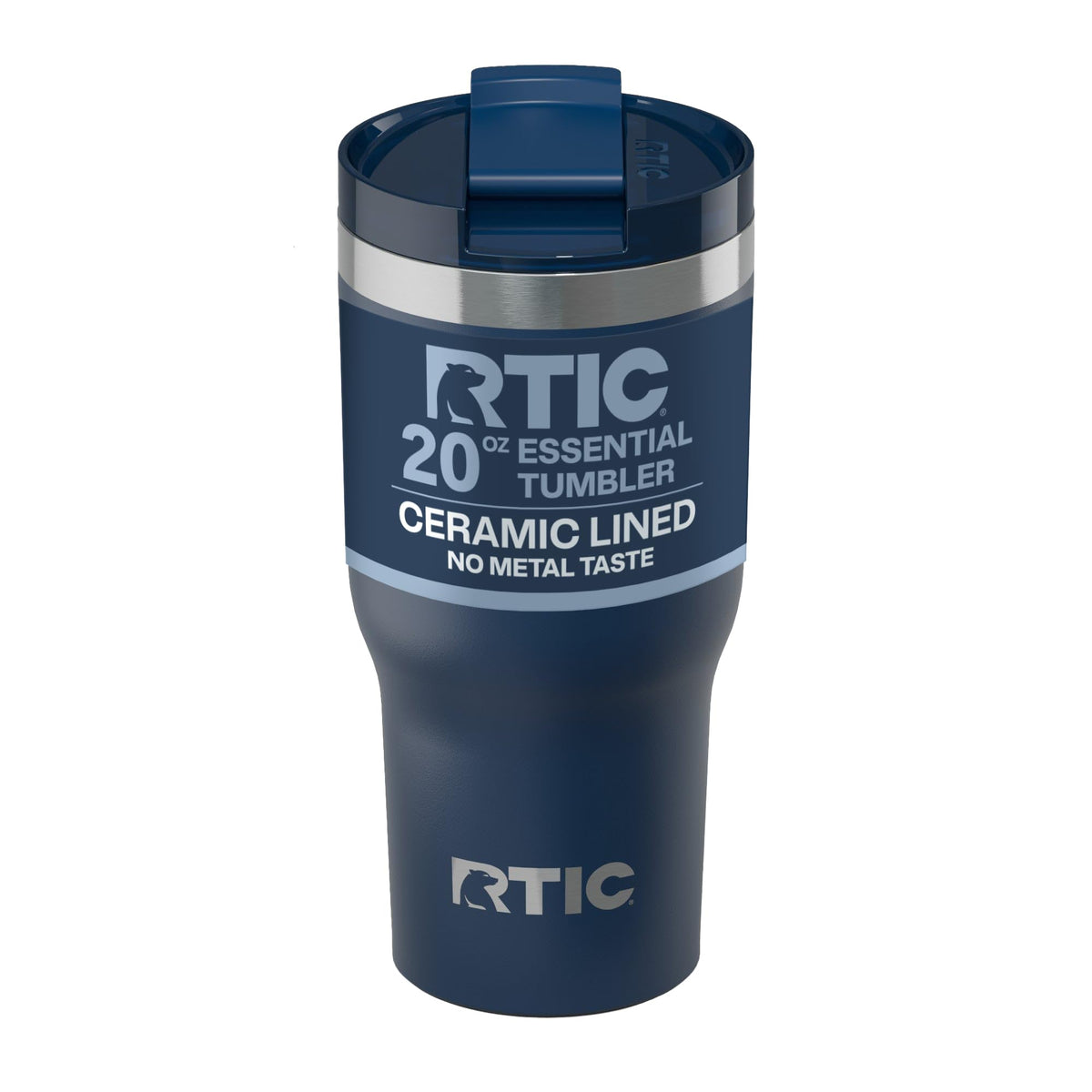 RTIC 20oz Essential Tumbler with Lid showing its lid and navy finish for travel use.
