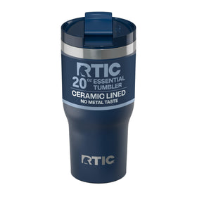 RTIC 20oz Essential Tumbler with Lid showing its lid and navy finish for travel use.