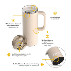 RTIC double-wall insulation keeps hot or cold drinks longer on the road.