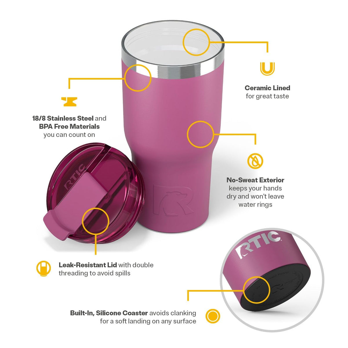 RTIC stainless steel construction withstands daily use while preserving temperature performance.