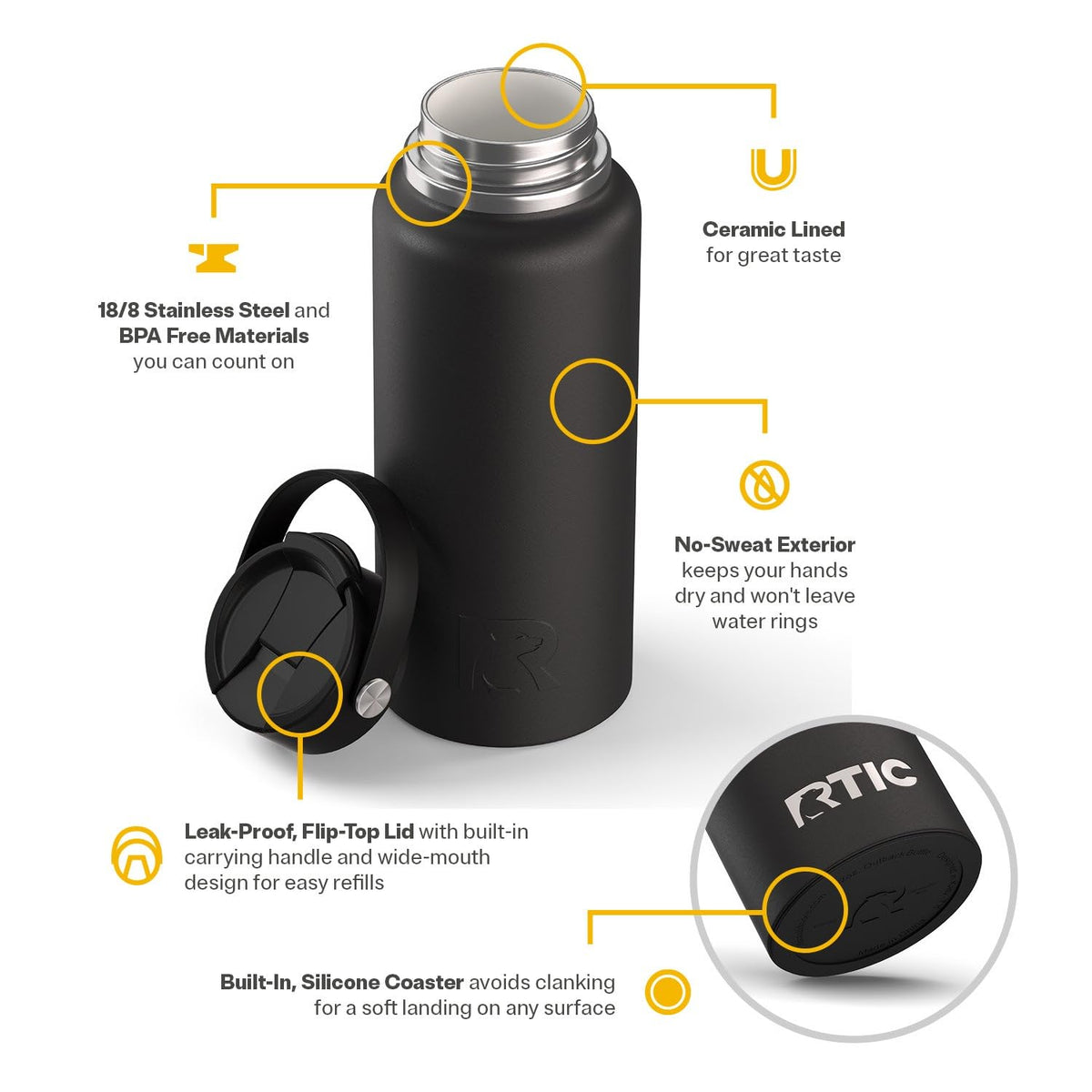 RTIC Outback Bottle stainless steel body withstands rugged outdoor use.