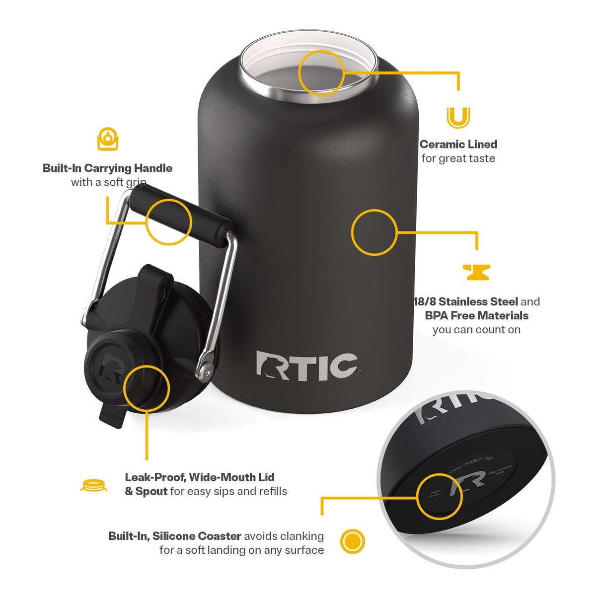 RTIC Outback Jug 18/8 stainless steel body built for outdoor use