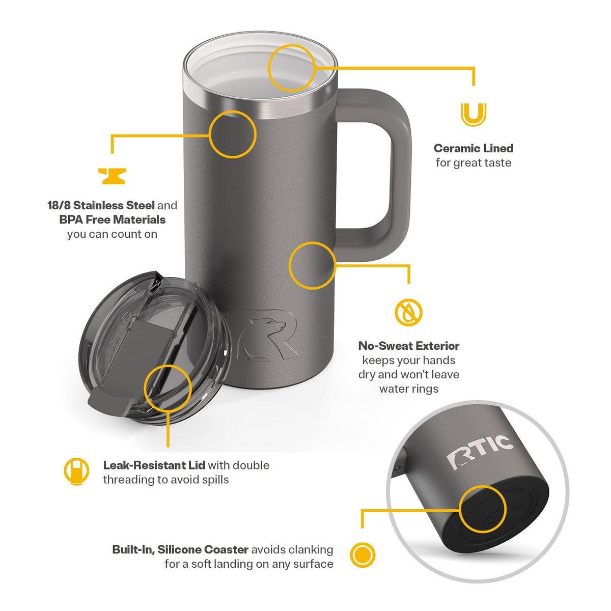 RTIC Road Trip Mug double-wall insulation preserves hot or cold beverages longer