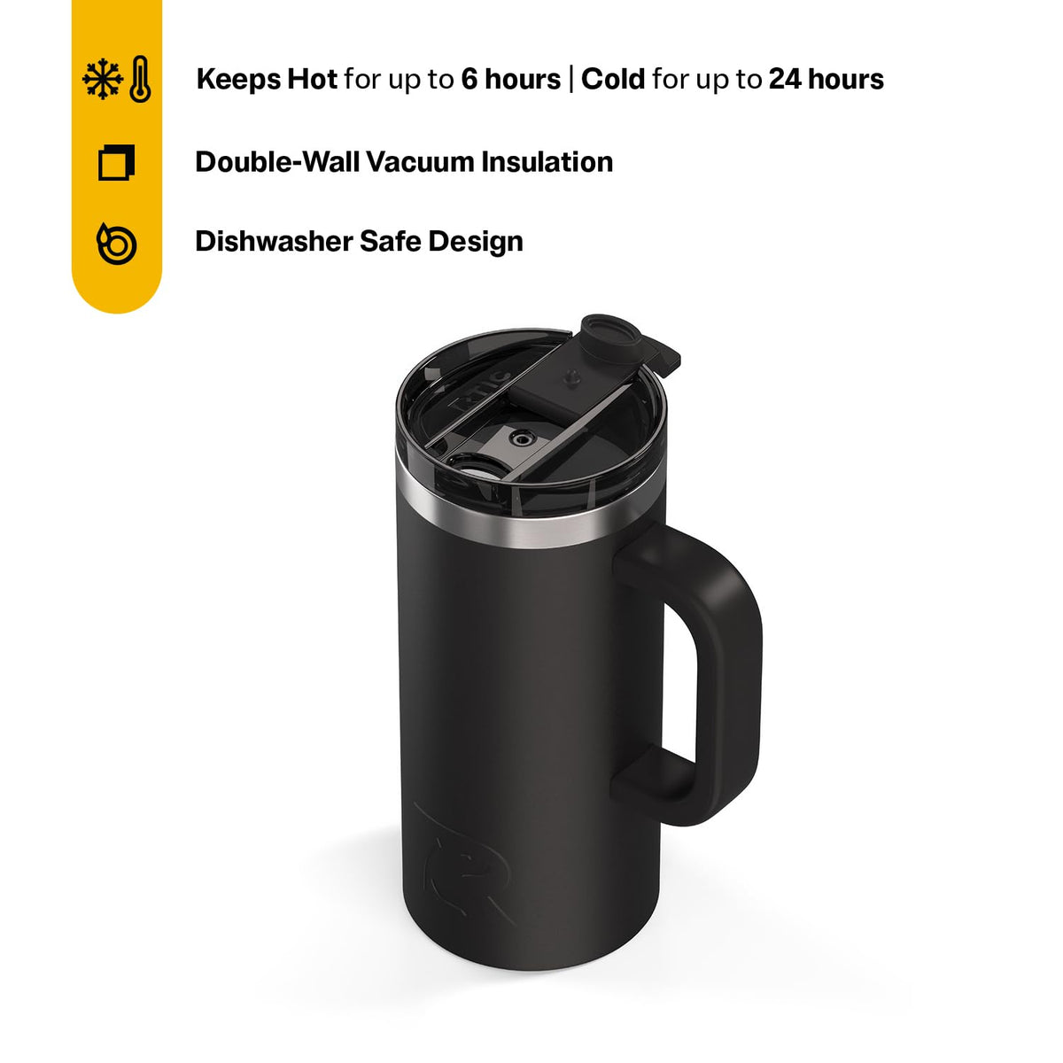 RTIC Road Trip Mug double-wall insulation keeps beverages hot longer.