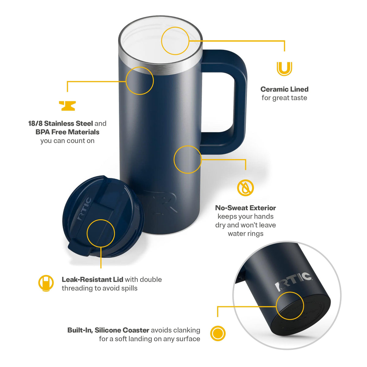 RTIC Road Trip Mug leak-resistant lid prevents spills during travel.