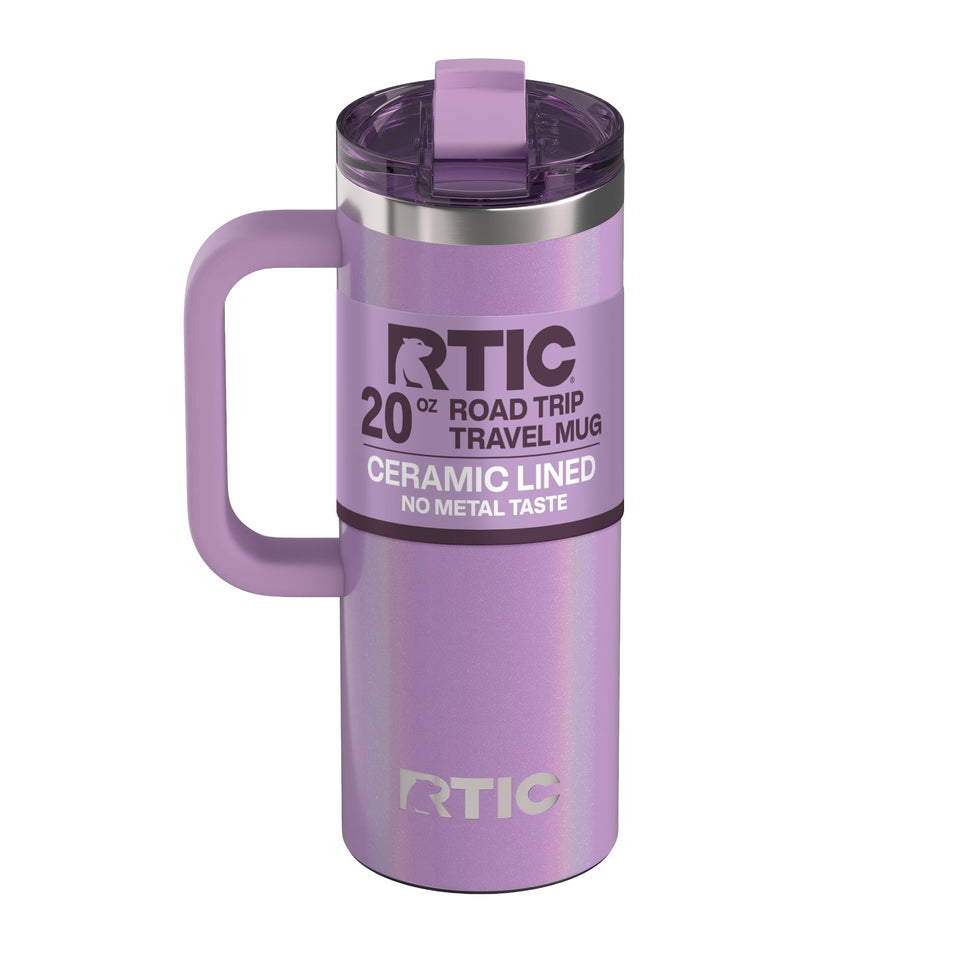 RTIC road-trip mug with lid and handle in Lavender Glitter, ideal for spill-safe on-the-go sipping