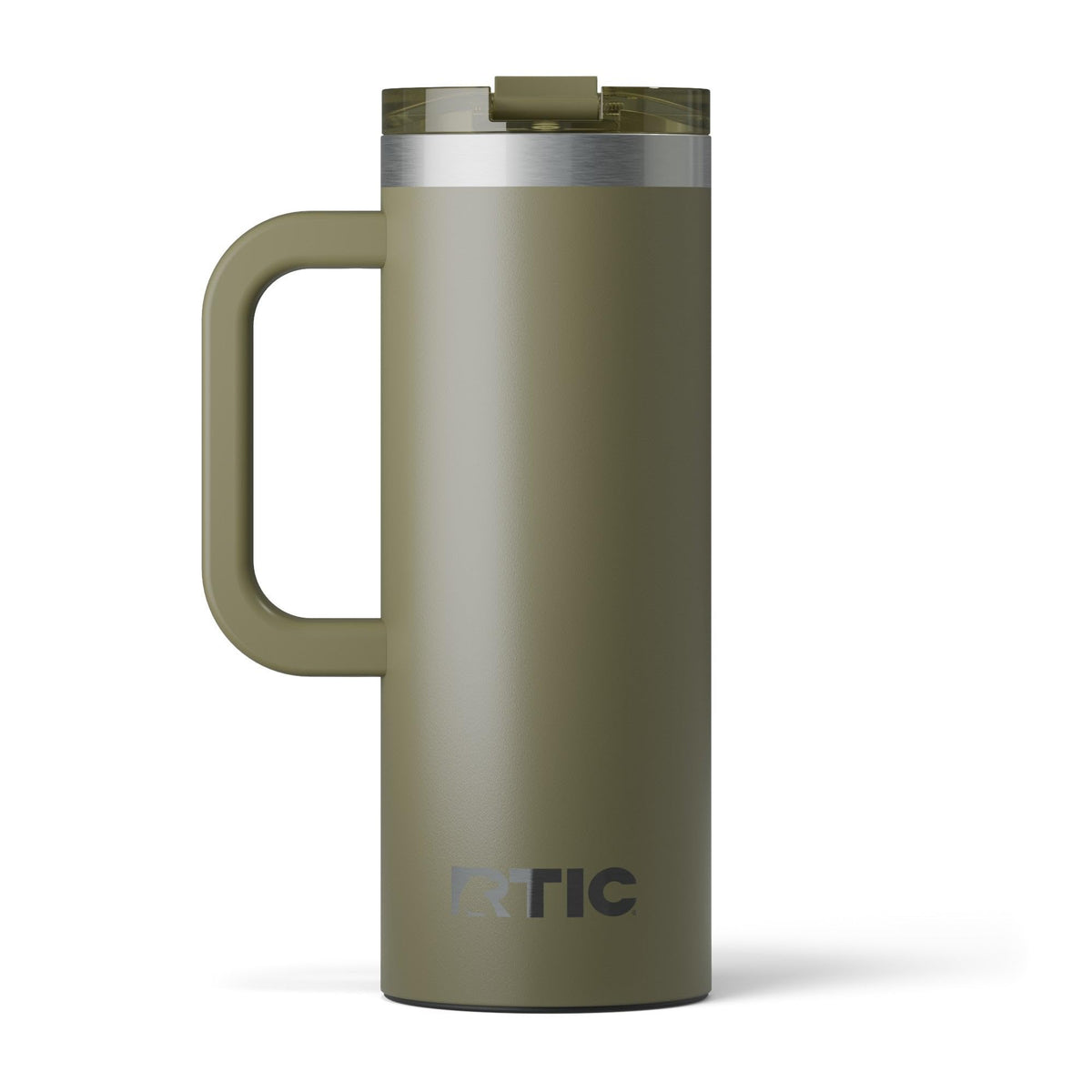RTIC olive road trip mug with ceramic interior for pure flavor on the go.