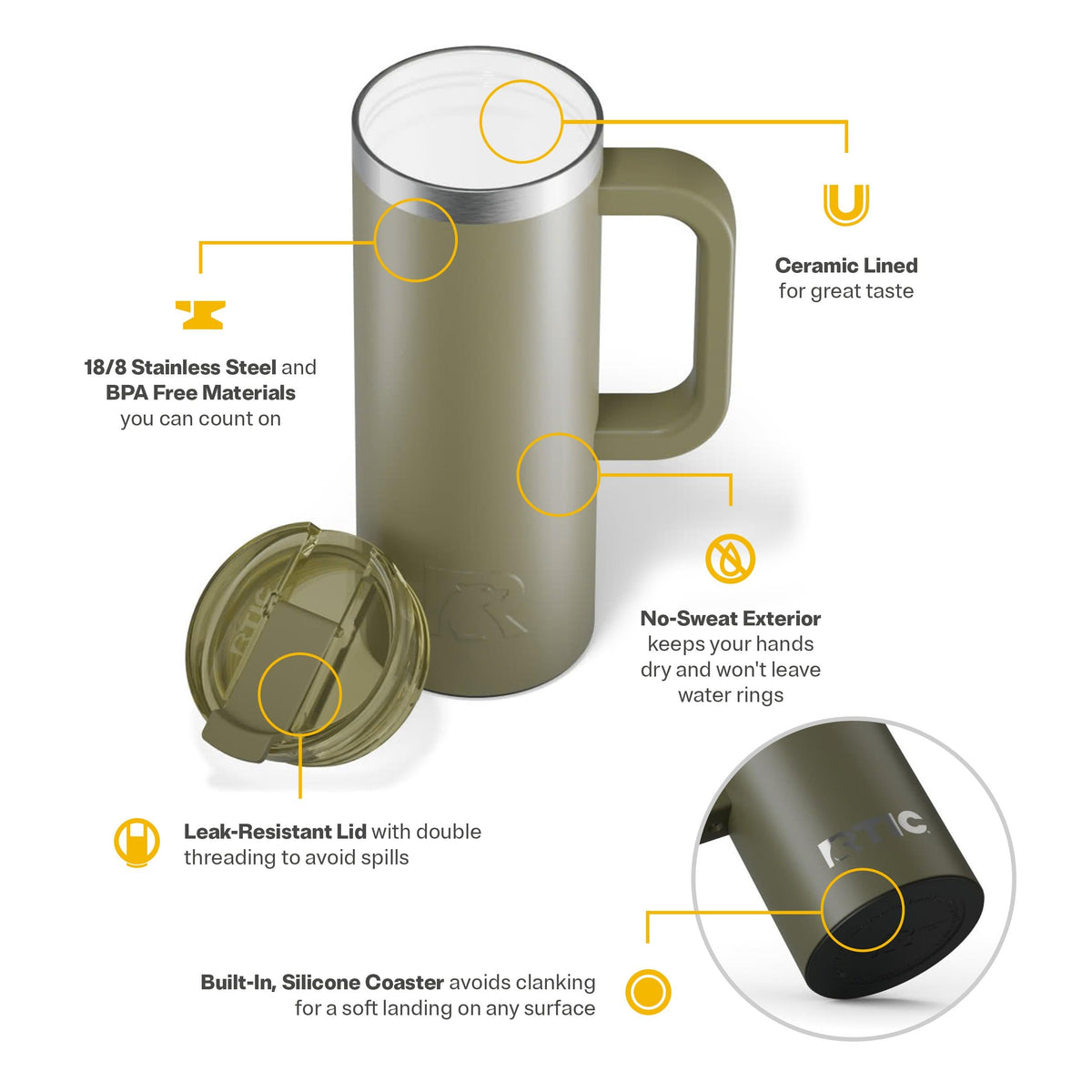 Double-wall insulation keeps drinks hot for hours and cold longer.