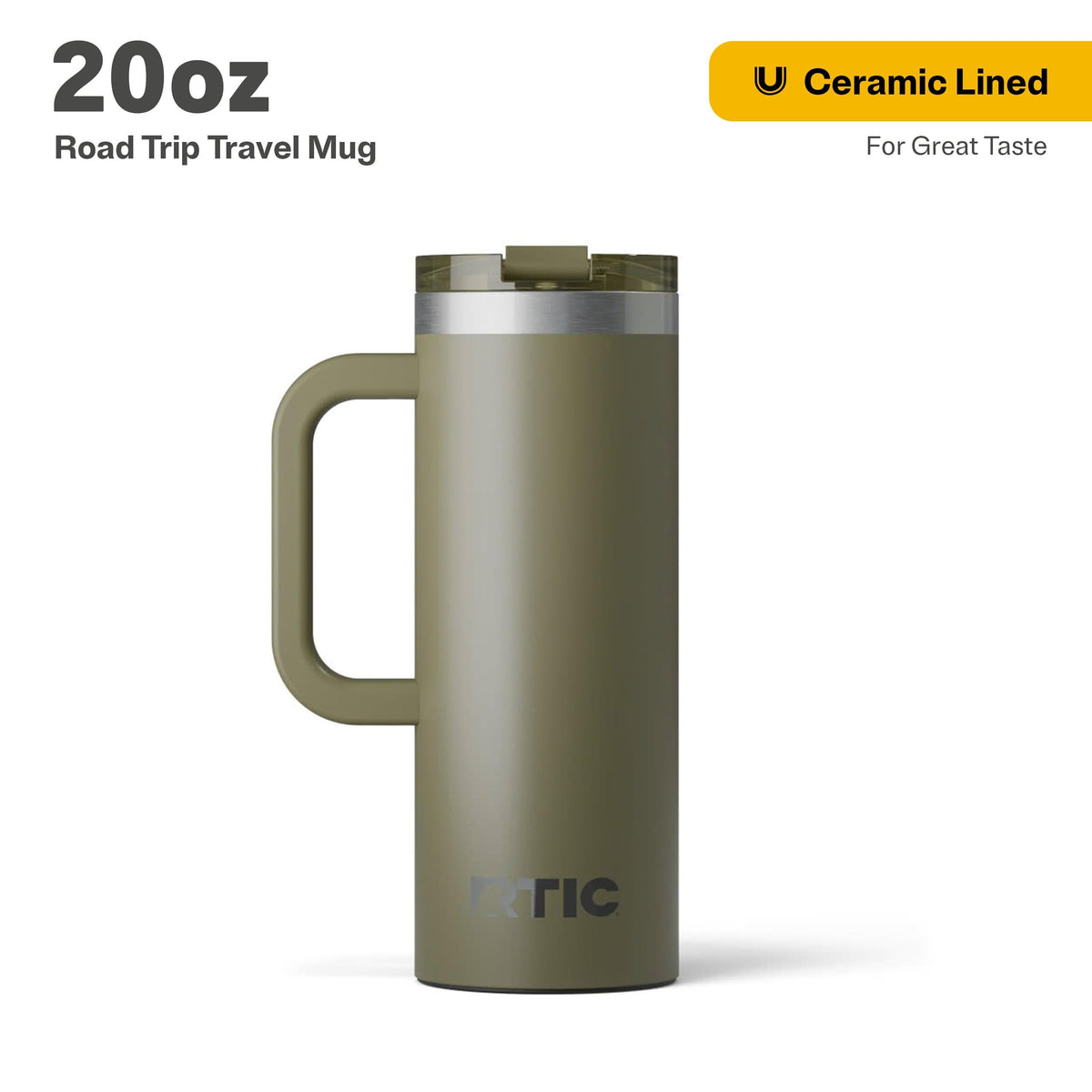 RTIC olive mug with lid and handle for secure travel and spill resistance.