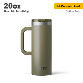 RTIC olive mug with lid and handle for secure travel and spill resistance.