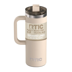 RTIC Road Trip Mug with lid; ceramic lining preserves flavor while on the move.