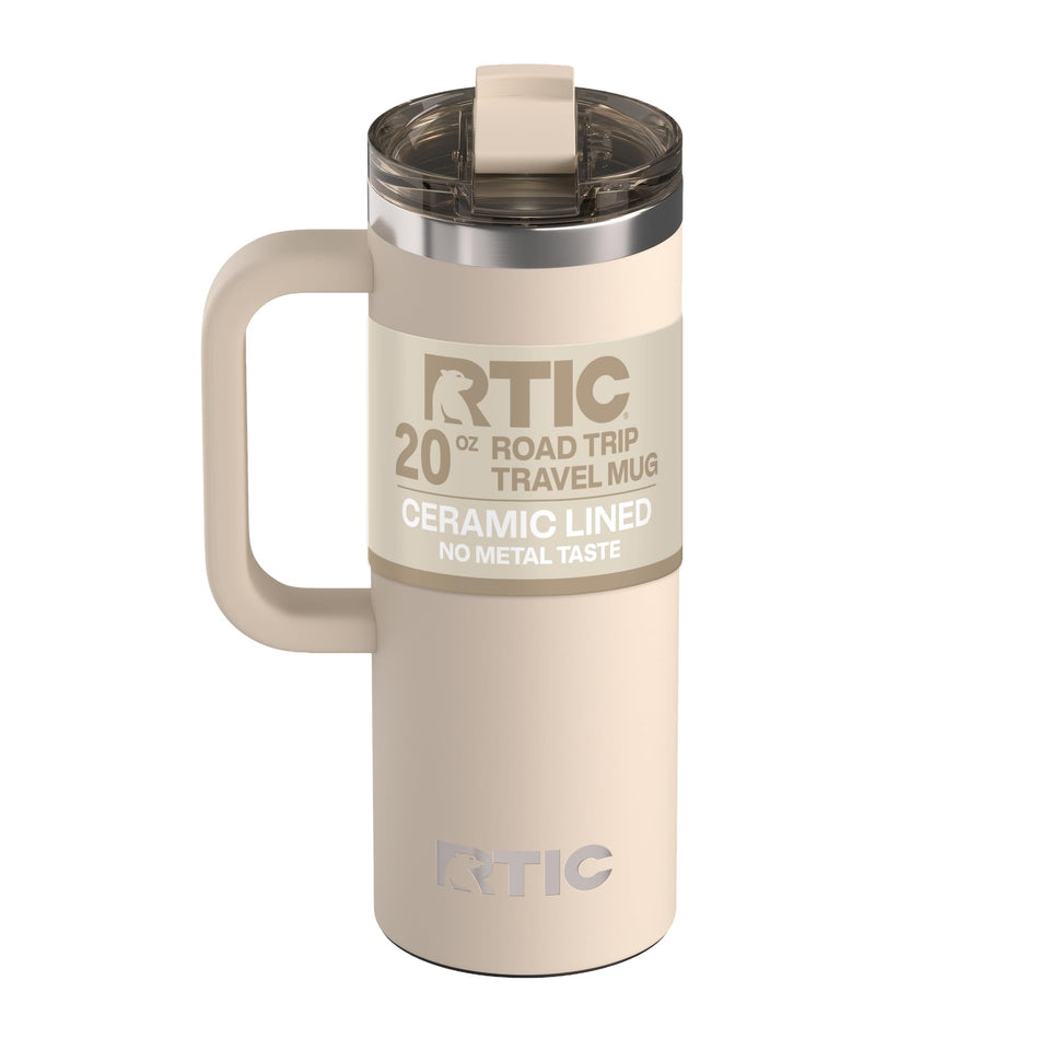 RTIC Road Trip Mug with lid; ceramic lining preserves flavor while on the move.