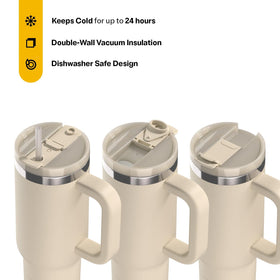 RTIC Road Trip Tumbler 3-in-1 lid enables open sipping and straw use.