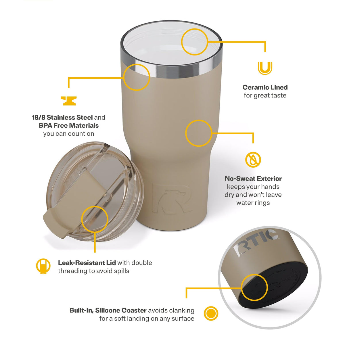 RTIC stainless steel construction delivers durable, long-lasting performance for everyday use.