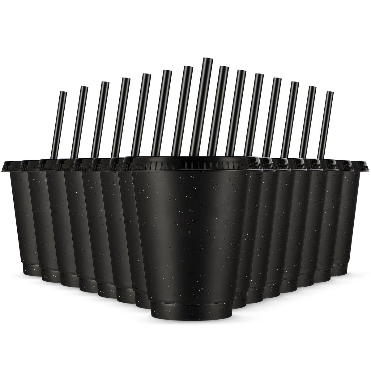 Rtteri 15-piece reusable cups with lids and straws glitter black on a party table
