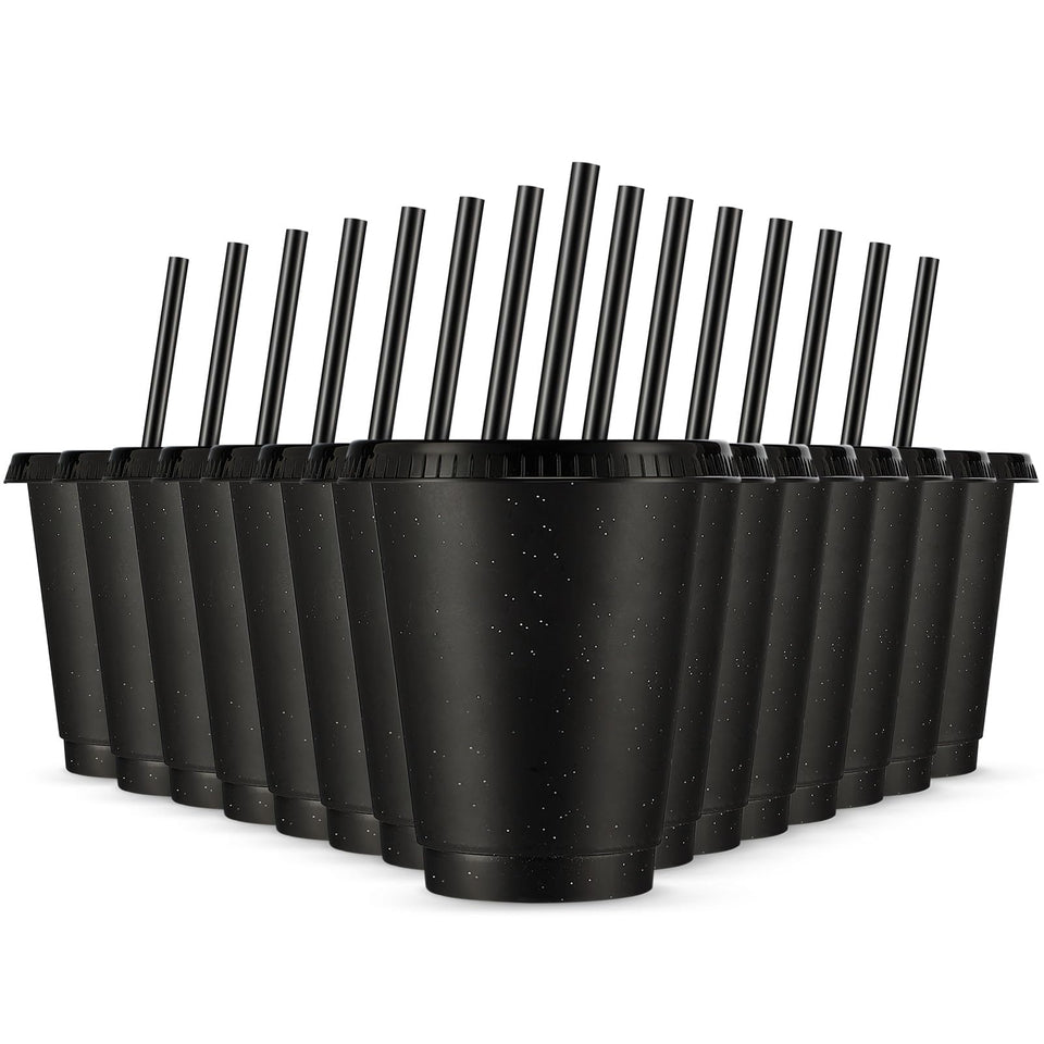 Rtteri 15-piece reusable cups with lids and straws glitter black on a party table