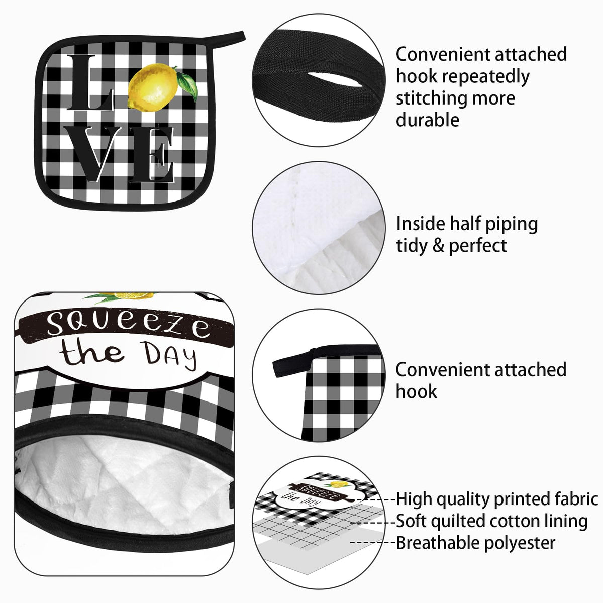 Rtteri buffalo plaid pot holder highlighting thick padding for secure grip while lifting pots.