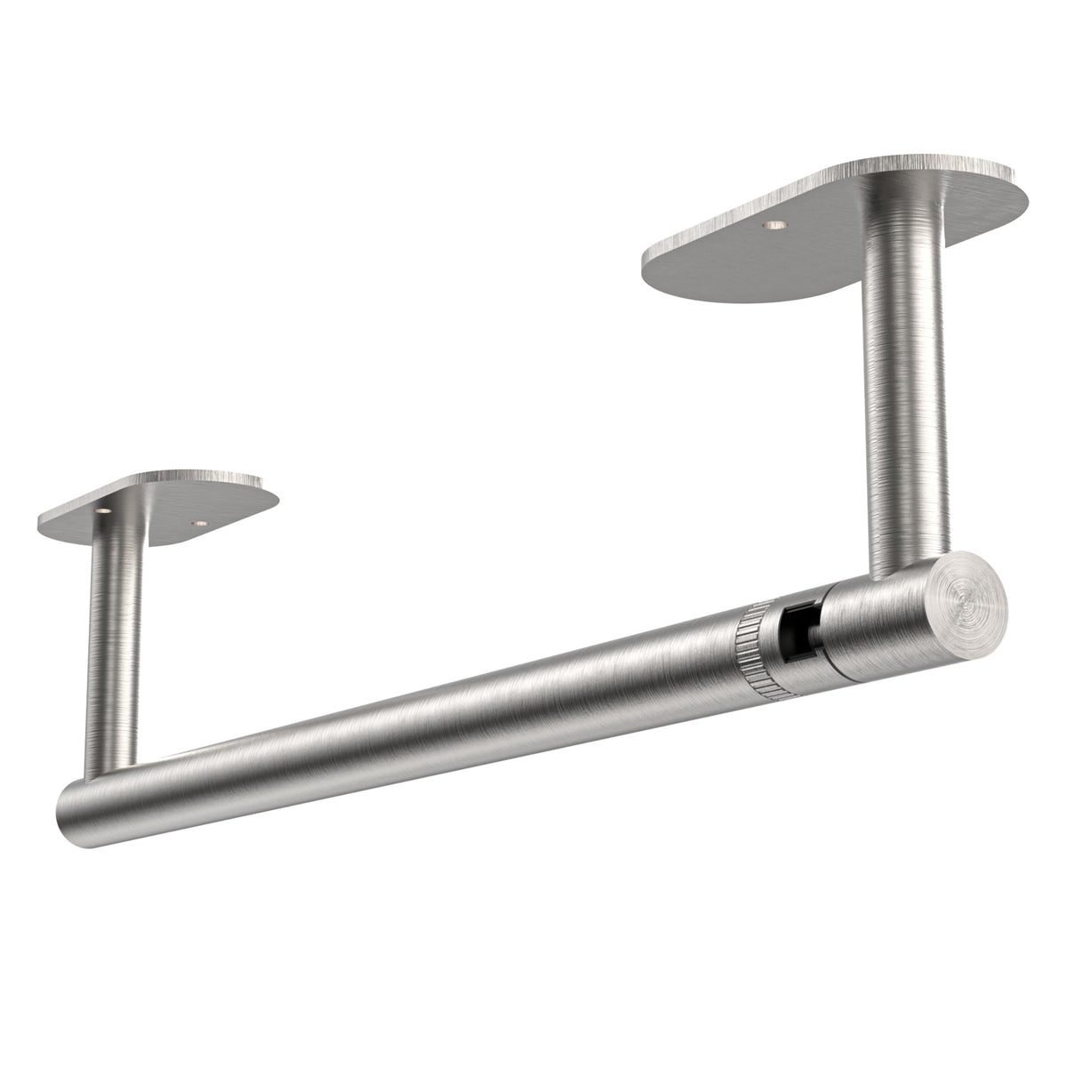 Ruacq paper towel holder under cabinet with brushed nickel base for convenient hands-free use.